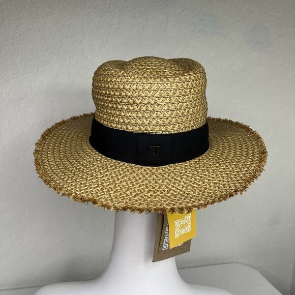 Eric Javits Fringe Pinch Fedora Hat UPF 50 NWT brown with Black Strap Summer - Picture 5 of 8